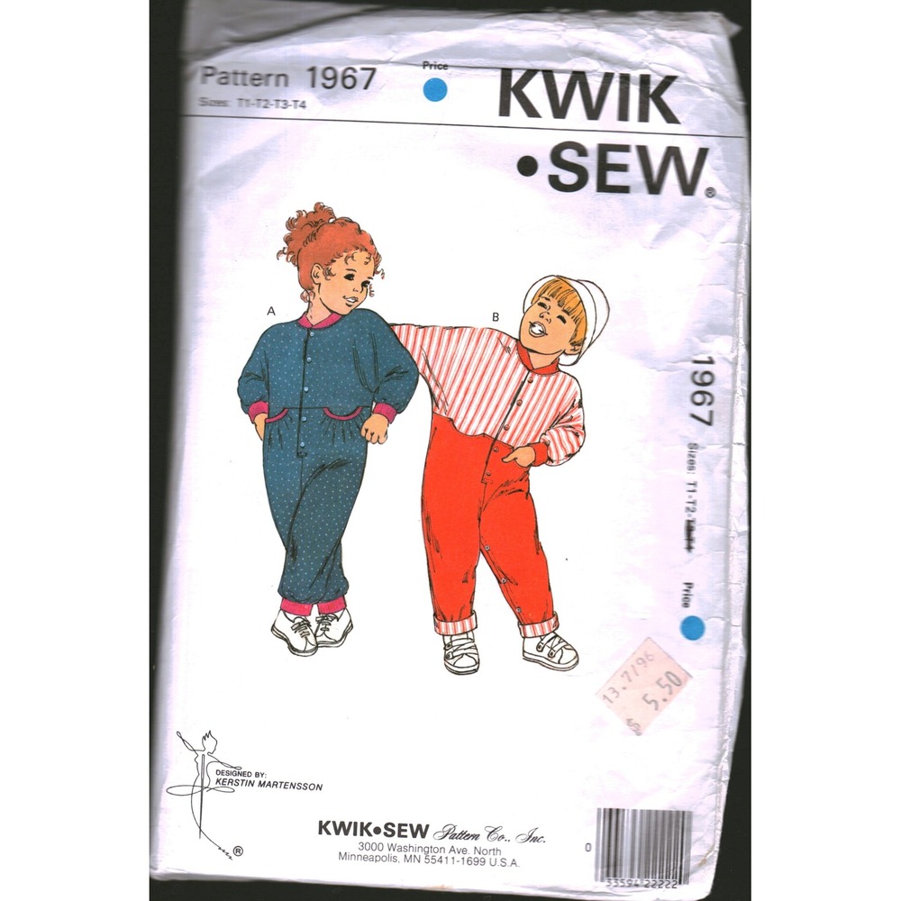 Kwik Sew 1967 Toddler Jumpsuit Sewing Pattern Sizes T1-T2 Kerstin Martensson